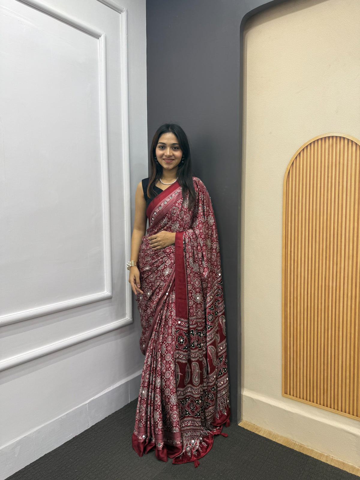 Maroon Satin Silk Print with Mirror work Saree with Unstitched Blouse