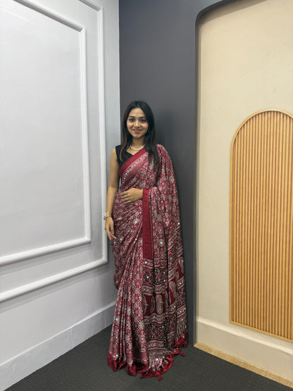 Maroon Satin Silk Print with Mirror work Saree with Unstitched Blouse