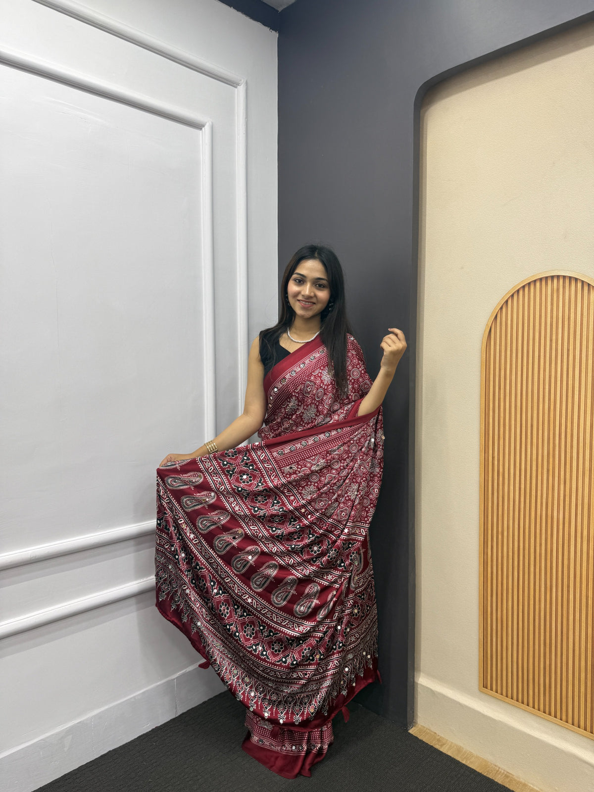 Maroon Satin Silk Print with Mirror work Saree with Unstitched Blouse