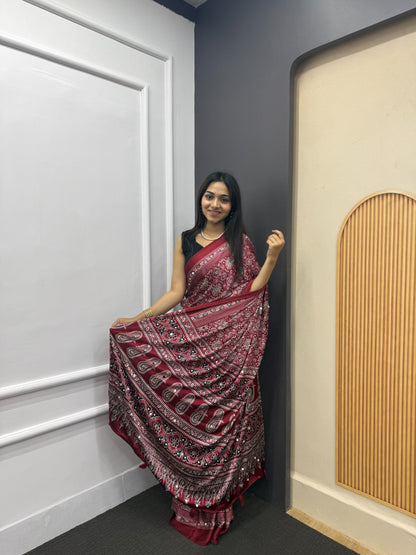 Maroon Satin Silk Print with Mirror work Saree with Unstitched Blouse