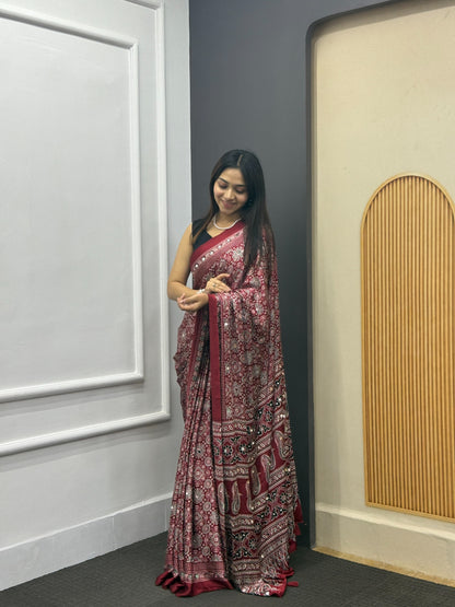 Maroon Satin Silk Print with Mirror work Saree with Unstitched Blouse
