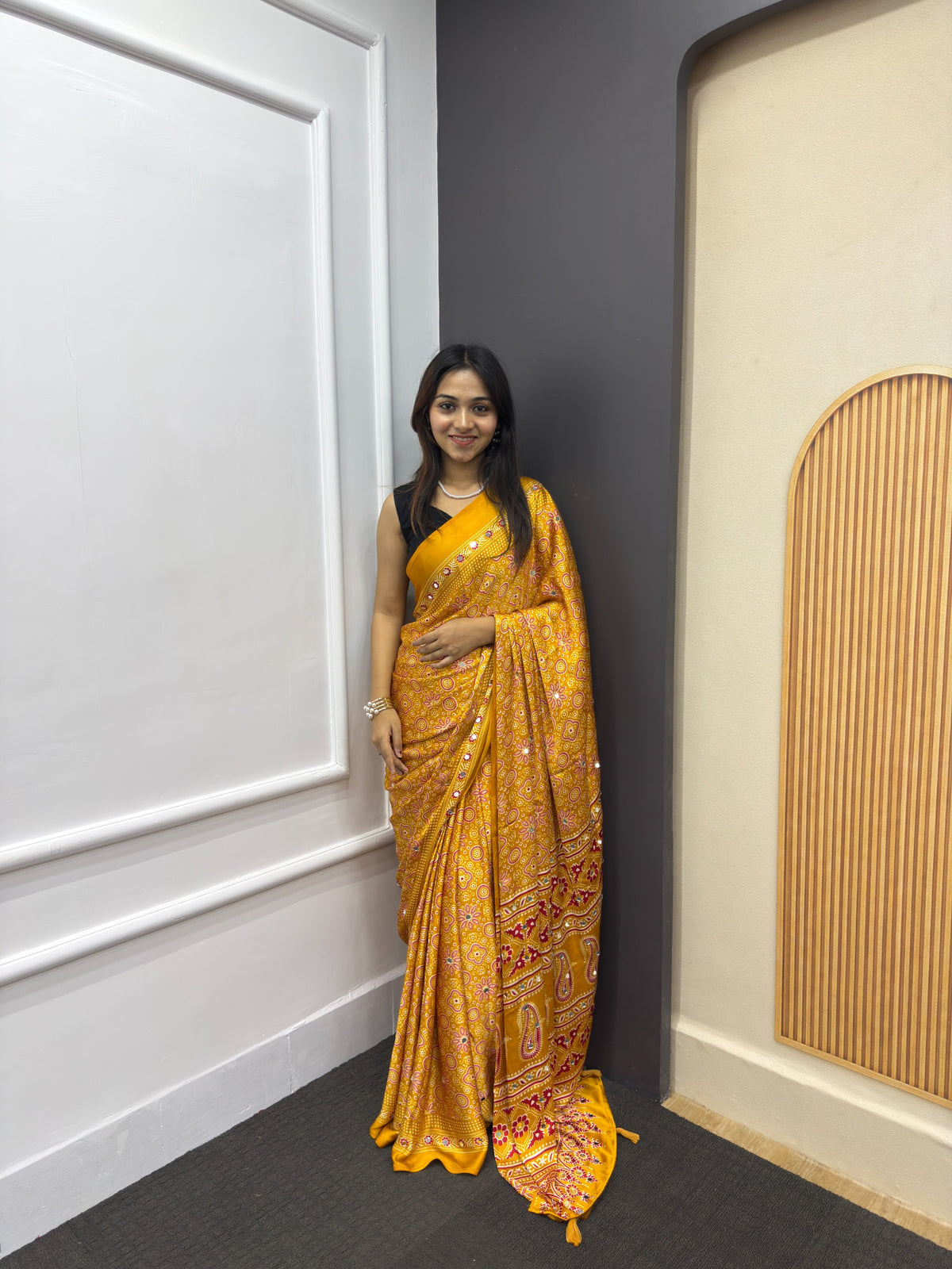 Yellow Satin Silk Print with Mirror work Saree with Unstitched Blouse