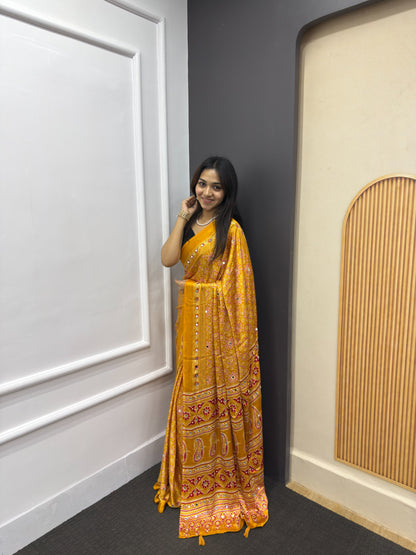Yellow Satin Silk Print with Mirror work Saree with Unstitched Blouse