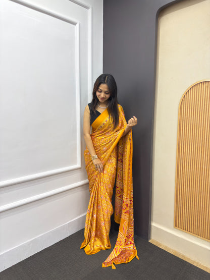 Yellow Satin Silk Print with Mirror work Saree with Unstitched Blouse