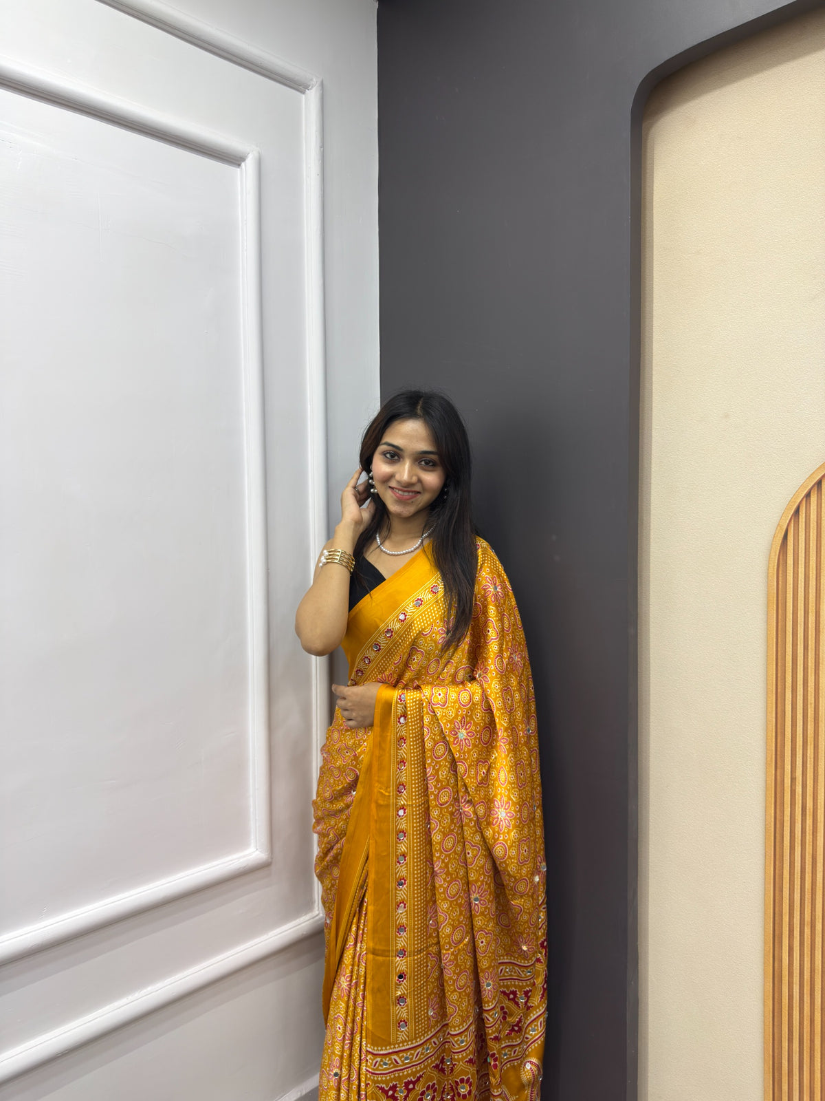 Yellow Satin Silk Print with Mirror work Saree with Unstitched Blouse