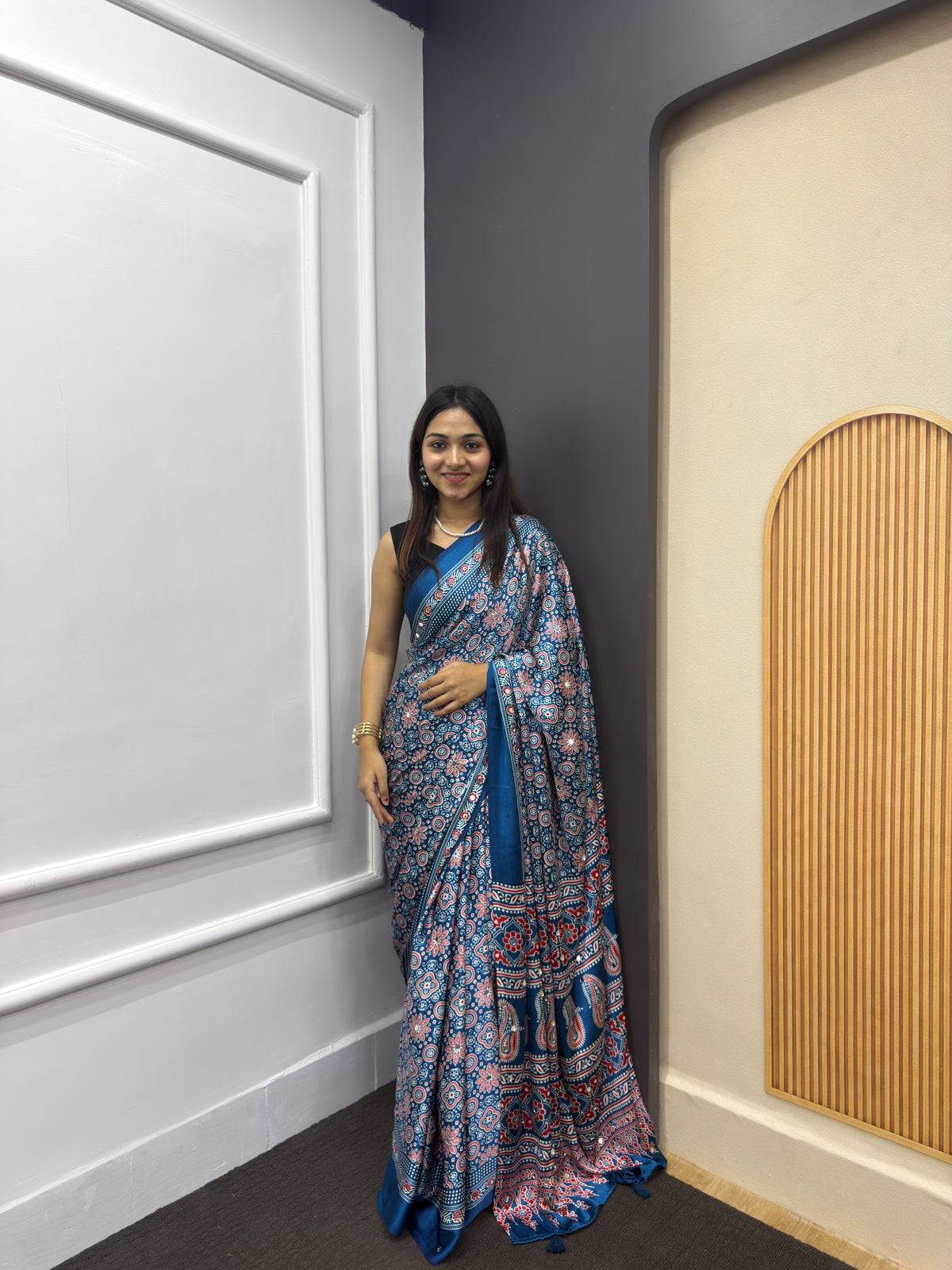 Indigo Blue Satin Silk Print with Mirror work Saree with Unstitched Blouse