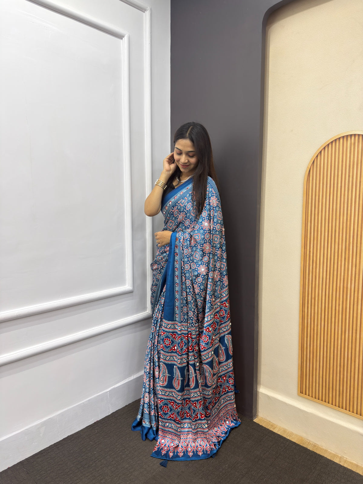Indigo Blue Satin Silk Print with Mirror work Saree with Unstitched Blouse