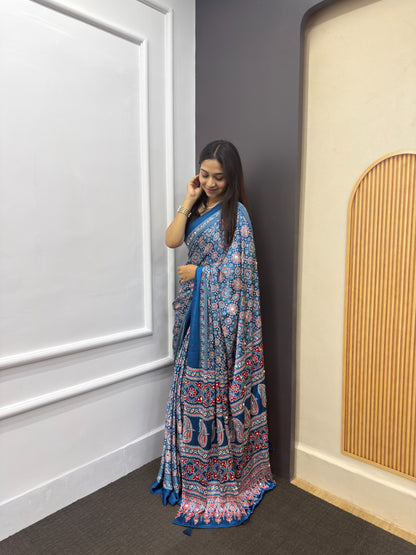 Indigo Blue Satin Silk Print with Mirror work Saree with Unstitched Blouse