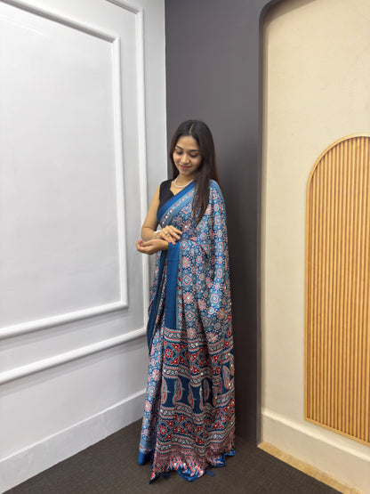 Indigo Blue Satin Silk Print with Mirror work Saree with Unstitched Blouse
