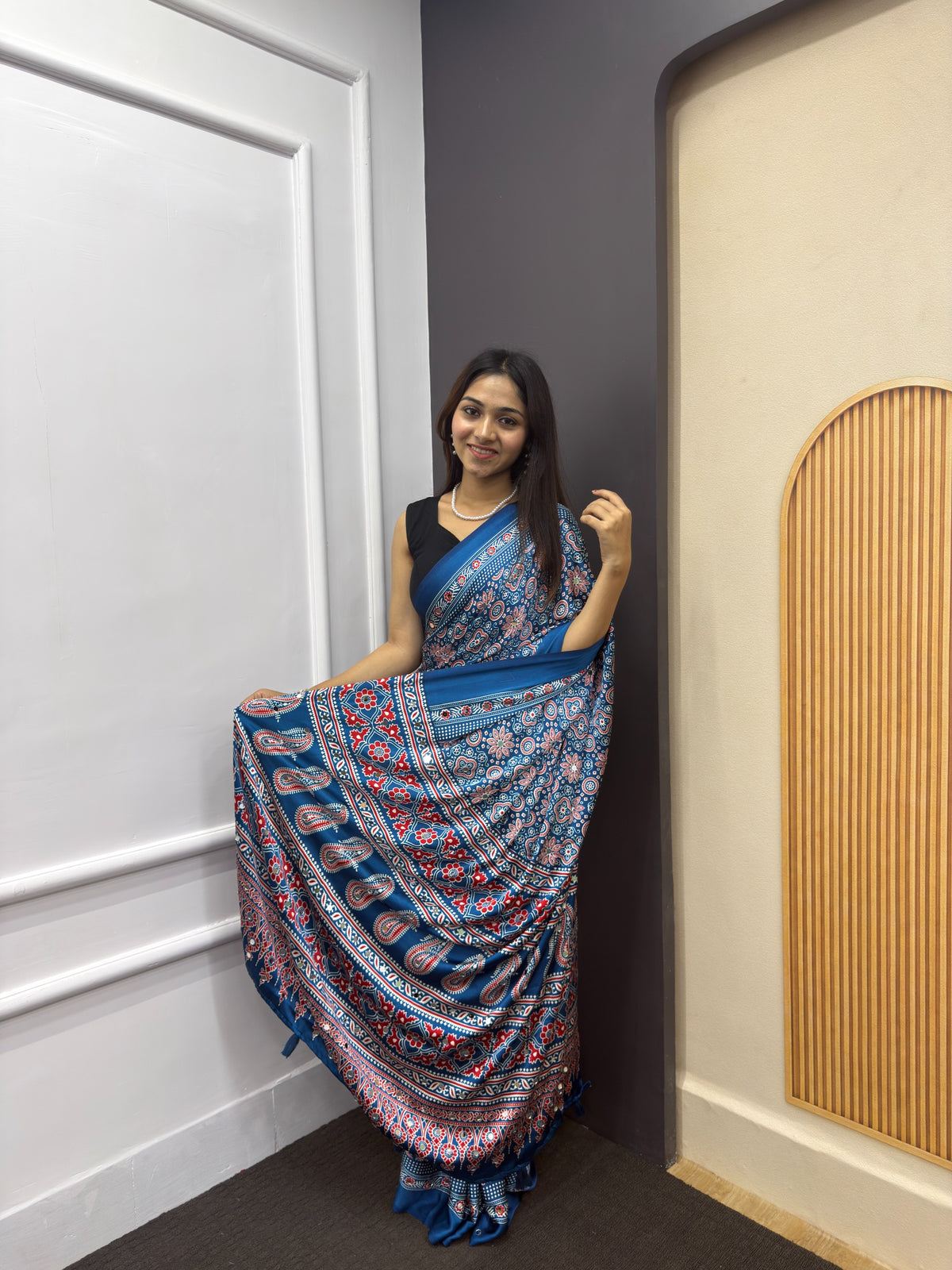 Indigo Blue Satin Silk Print with Mirror work Saree with Unstitched Blouse