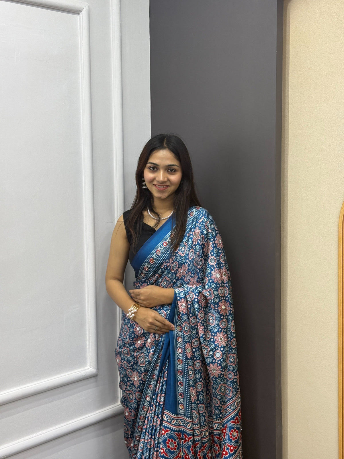 Indigo Blue Satin Silk Print with Mirror work Saree with Unstitched Blouse