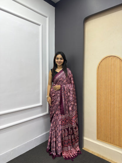 Wine Satin Silk Print with Mirror work Saree with Unstitched Blouse