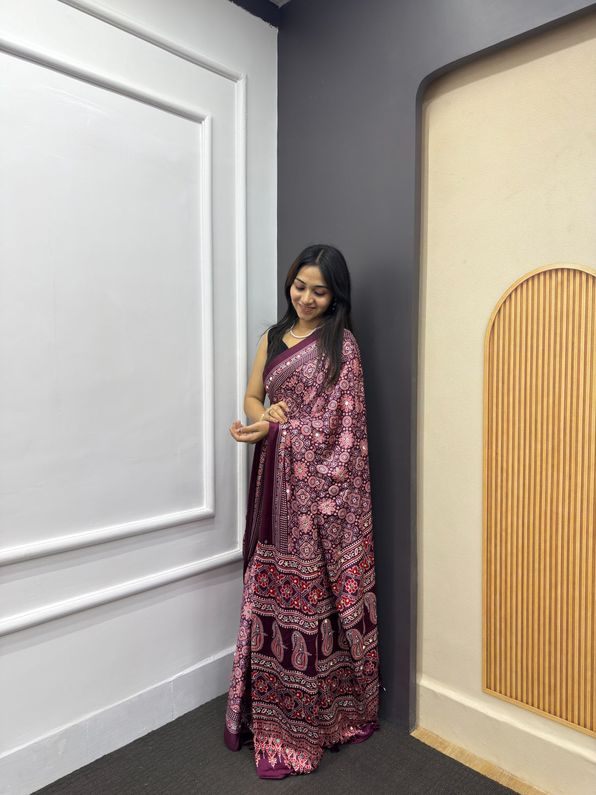Wine Satin Silk Print with Mirror work Saree with Unstitched Blouse