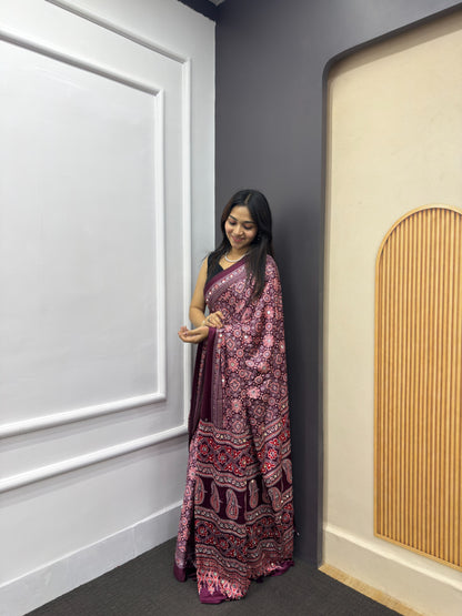 Wine Satin Silk Print with Mirror work Saree with Unstitched Blouse