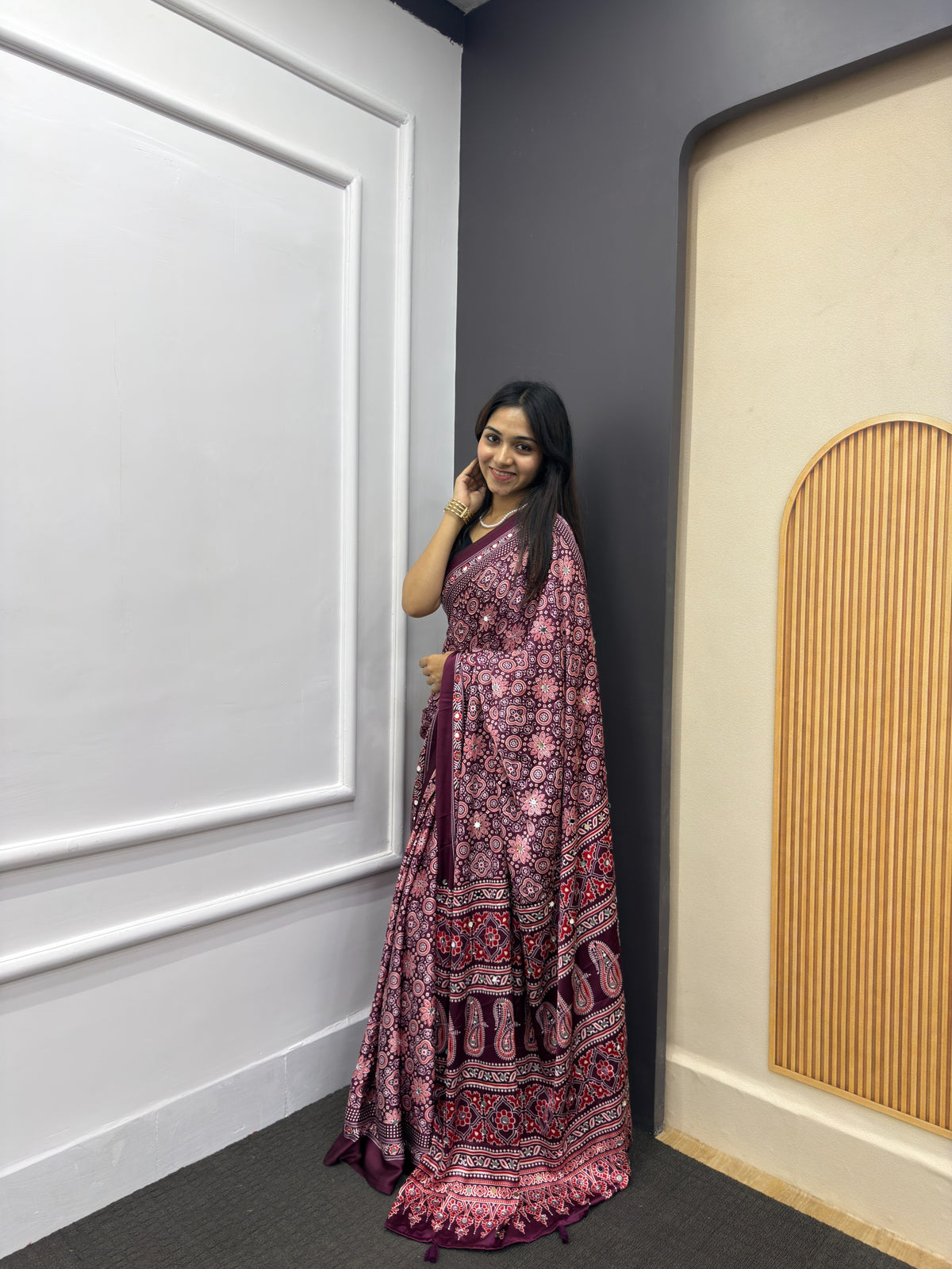 Wine Satin Silk Print with Mirror work Saree with Unstitched Blouse