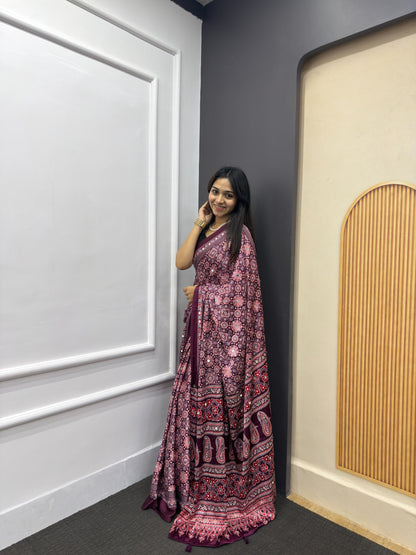 Wine Satin Silk Print with Mirror work Saree with Unstitched Blouse