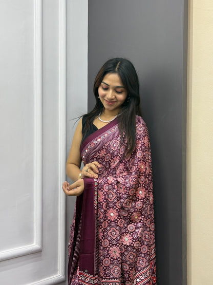 Wine Satin Silk Print with Mirror work Saree with Unstitched Blouse