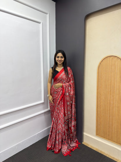Red Satin Silk Print with Mirror work Saree with Unstitched Blouse