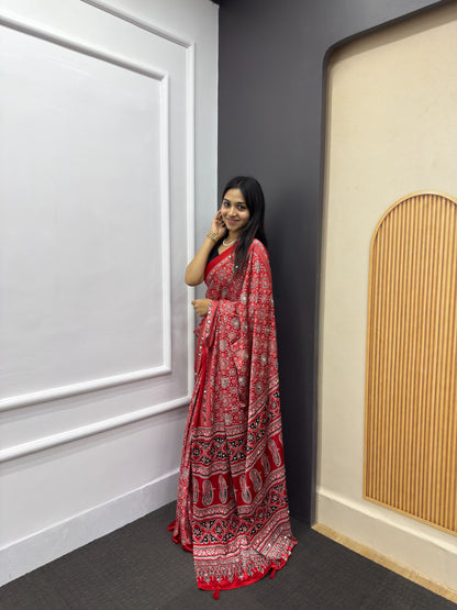 Red Satin Silk Print with Mirror work Saree with Unstitched Blouse