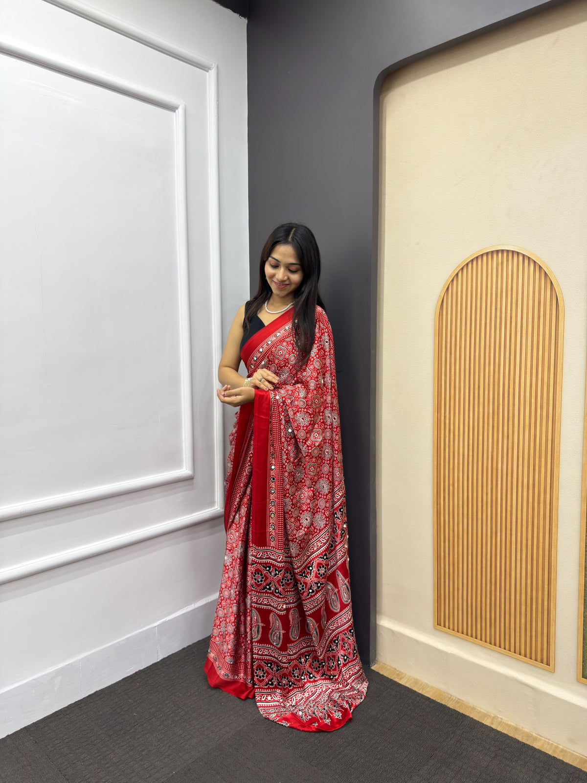 Red Satin Silk Print with Mirror work Saree with Unstitched Blouse