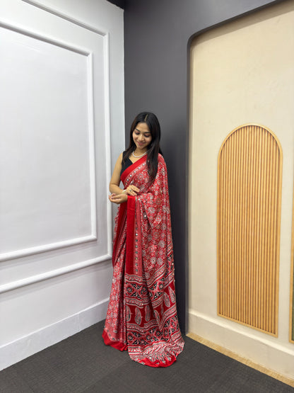 Red Satin Silk Print with Mirror work Saree with Unstitched Blouse