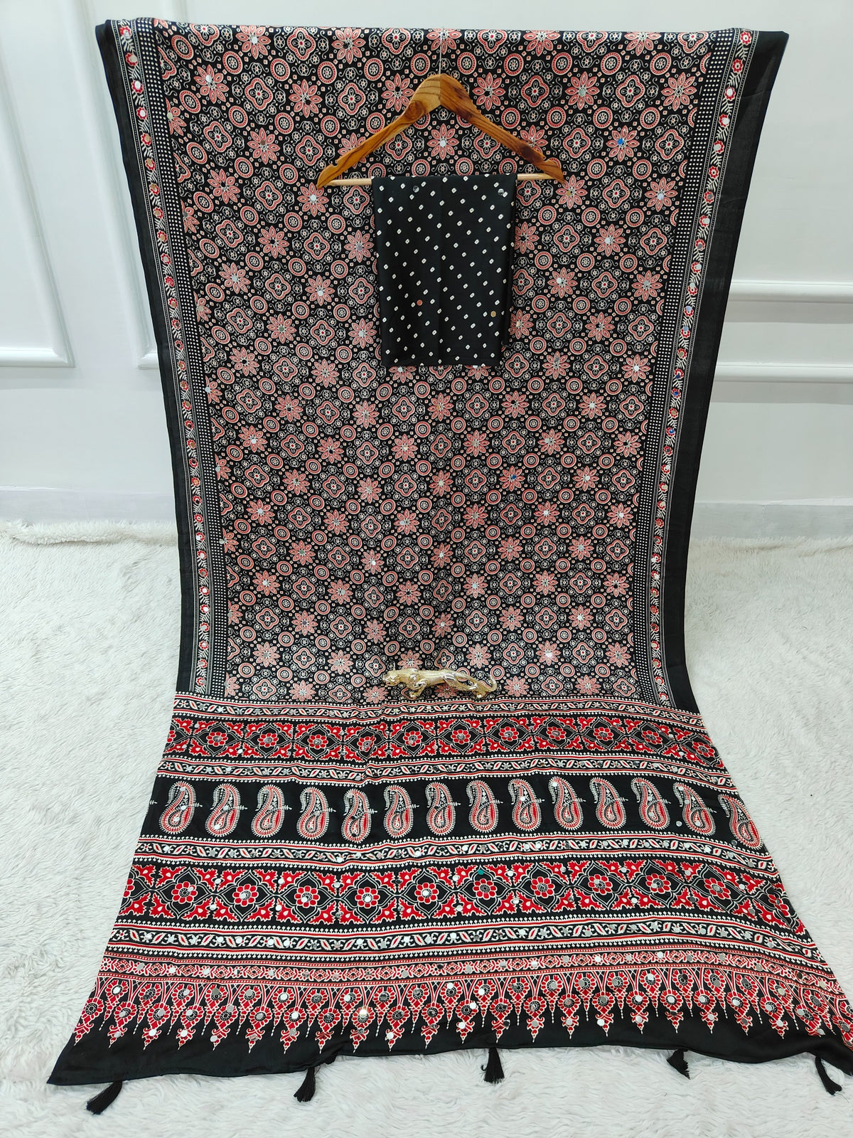 Black Satin Silk Print with Mirror work Saree with Unstitched Blouse