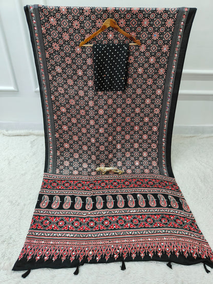 Black Satin Silk Print with Mirror work Saree with Unstitched Blouse