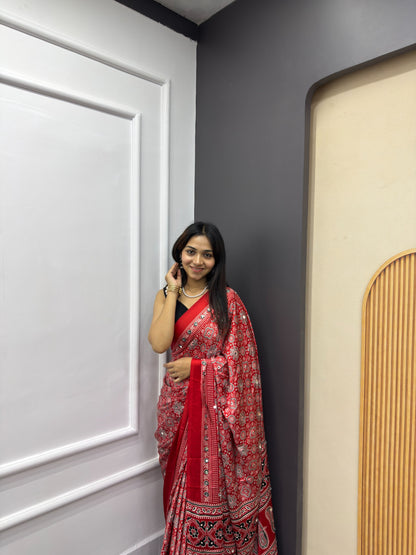 Red Satin Silk Print with Mirror work Saree with Unstitched Blouse