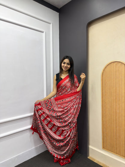 Red Satin Silk Print with Mirror work Saree with Unstitched Blouse