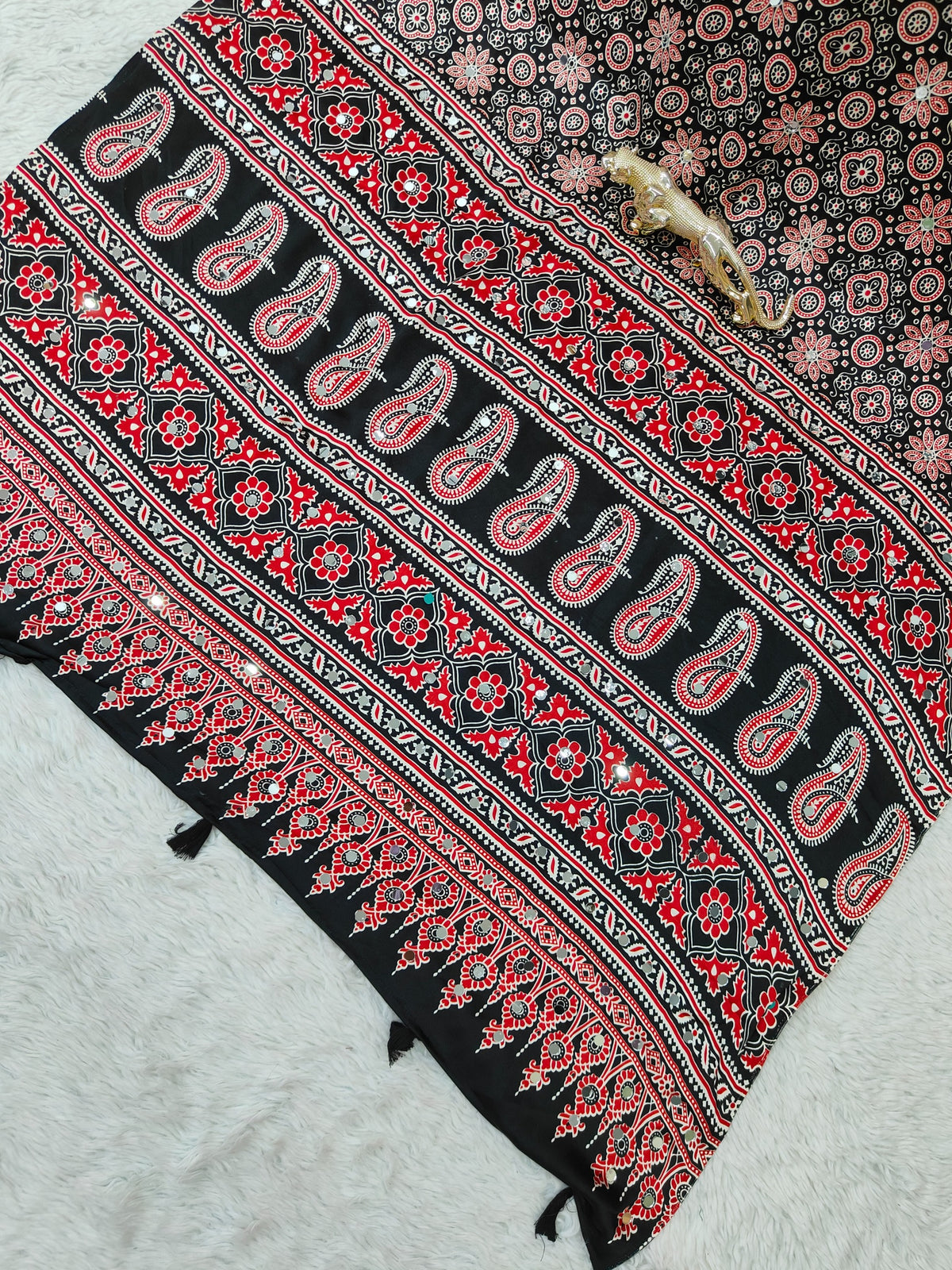 Black Satin Silk Print with Mirror work Saree with Unstitched Blouse