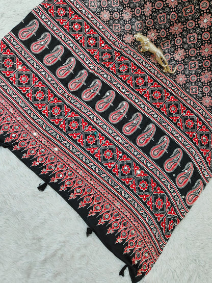 Black Satin Silk Print with Mirror work Saree with Unstitched Blouse