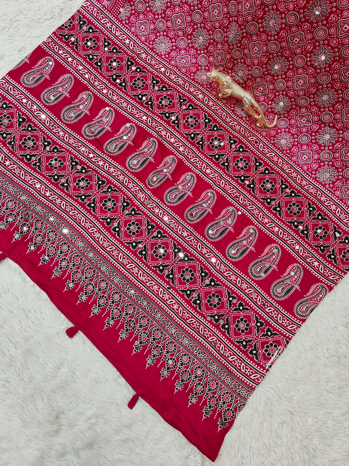 Rani Pink Satin Silk Print with Mirror work Saree with Unstitched Blouse