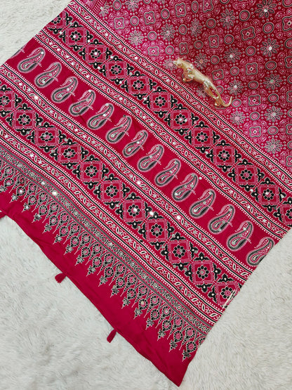 Rani Pink Satin Silk Print with Mirror work Saree with Unstitched Blouse