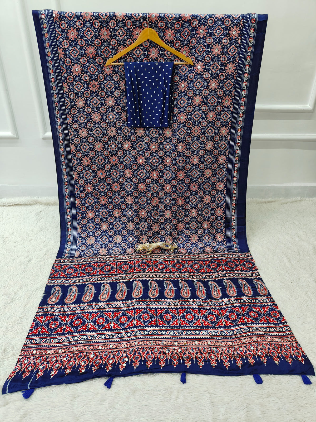 Blue Satin Silk Print with Mirror work Saree with Unstitched Blouse
