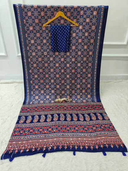 Blue Satin Silk Print with Mirror work Saree with Unstitched Blouse