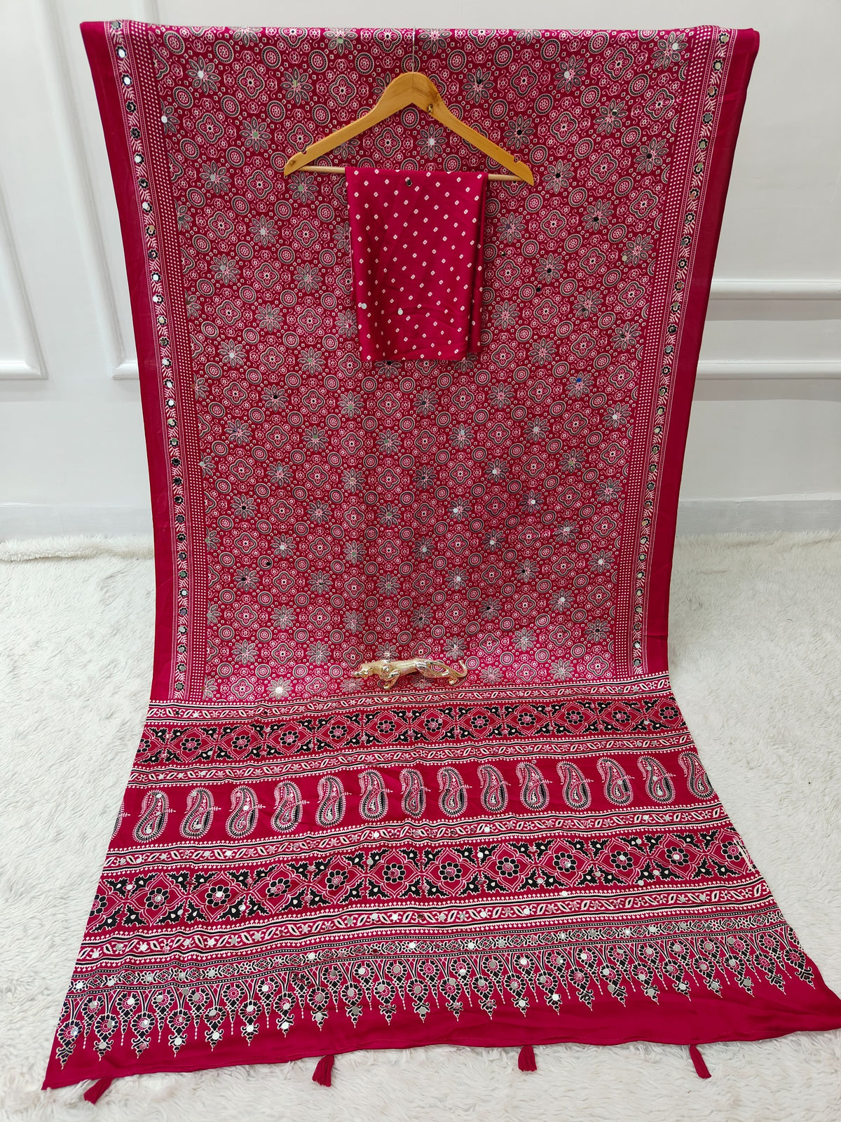 Rani Pink Satin Silk Print with Mirror work Saree with Unstitched Blouse