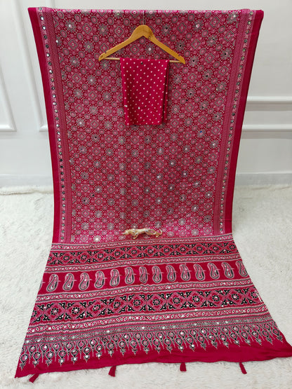 Rani Pink Satin Silk Print with Mirror work Saree with Unstitched Blouse