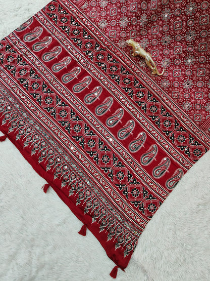 Maroon Satin Silk Print with Mirror work Saree with Unstitched Blouse