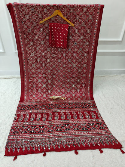 Maroon Satin Silk Print with Mirror work Saree with Unstitched Blouse