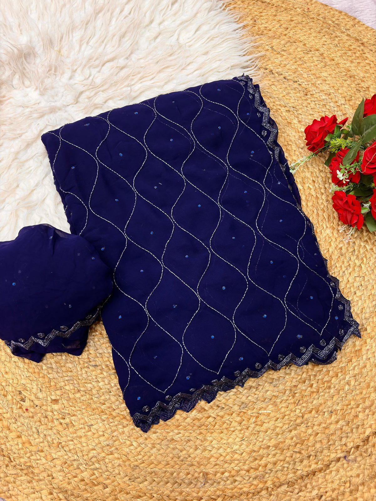Blue Color Fox Georgette Khatli Cut Dana Handwork Diamond Work Saree