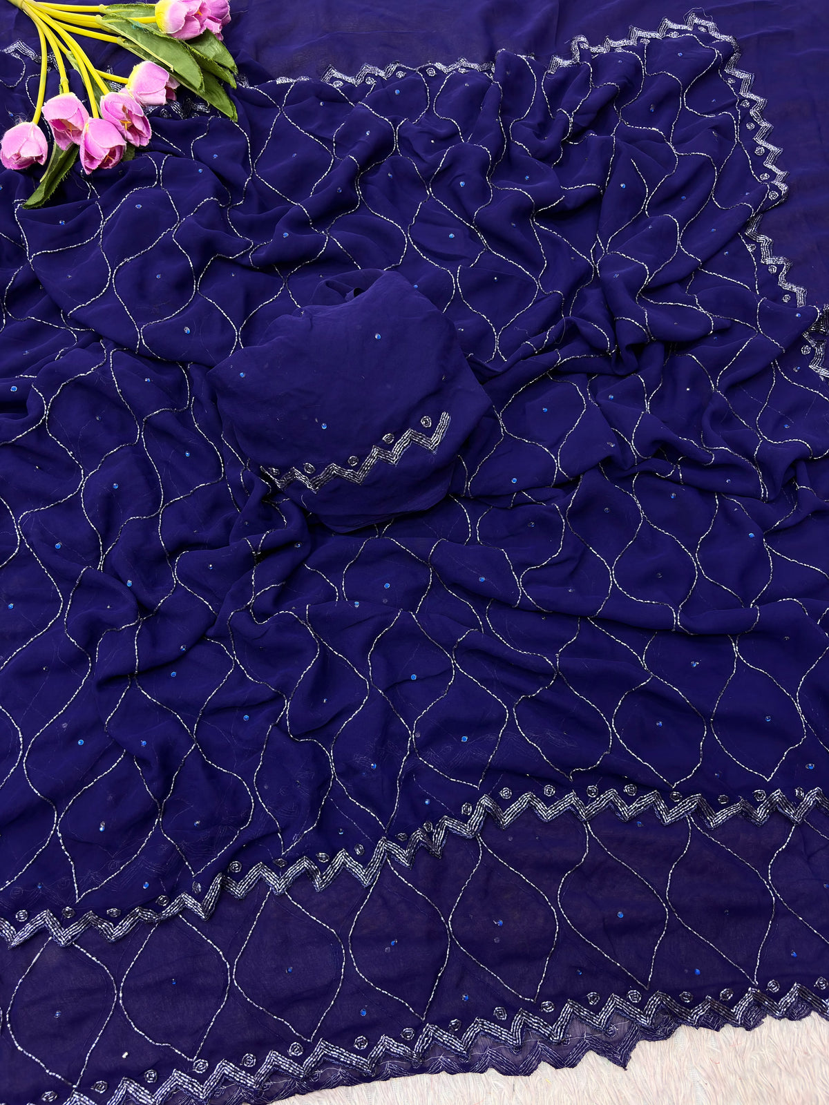 Blue Color Fox Georgette Khatli Cut Dana Handwork Diamond Work Saree