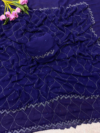 Blue Color Fox Georgette Khatli Cut Dana Handwork Diamond Work Saree