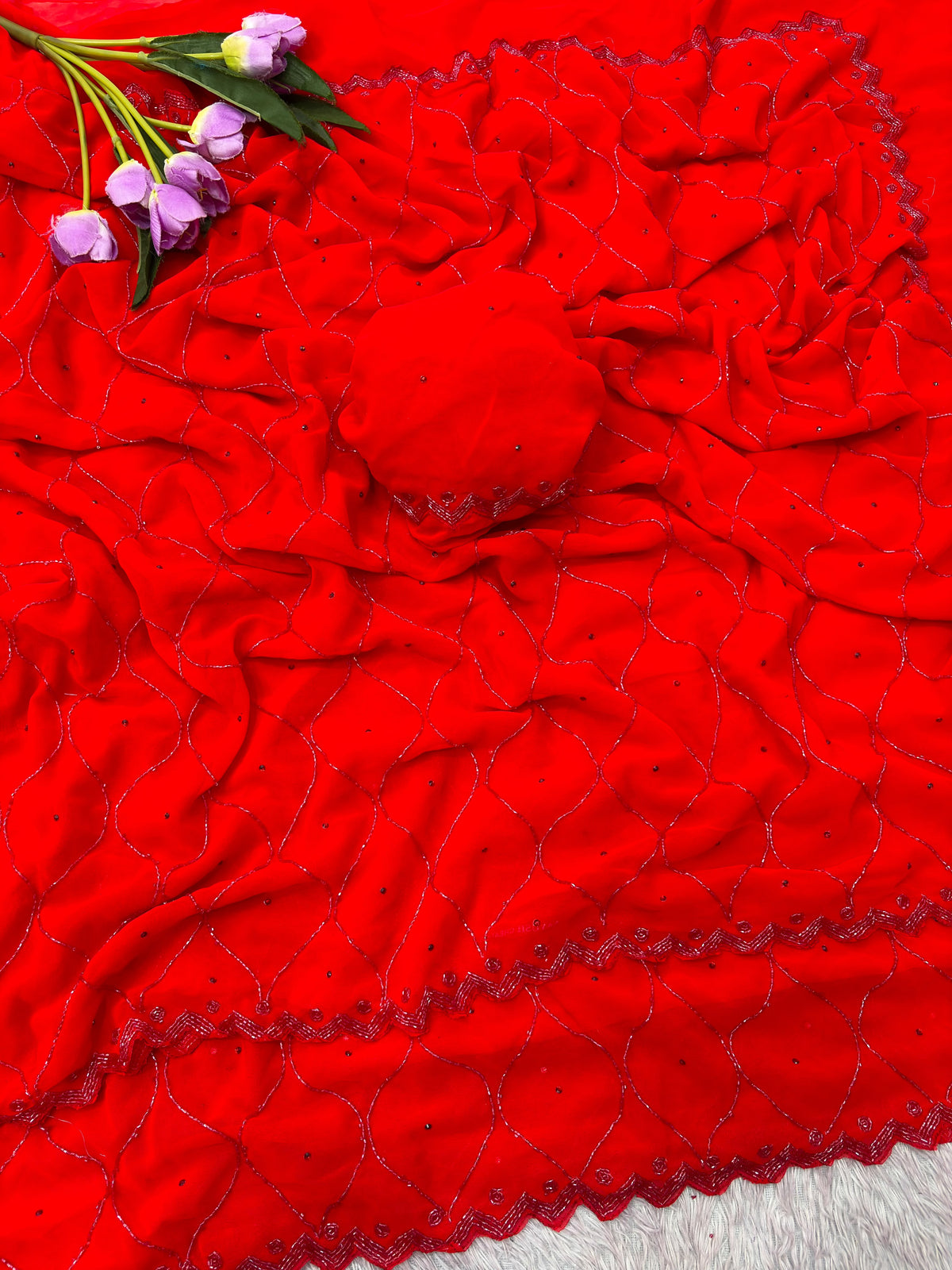 Red Color Fox Georgette Khatli Cut Dana Handwork Diamond Work Saree