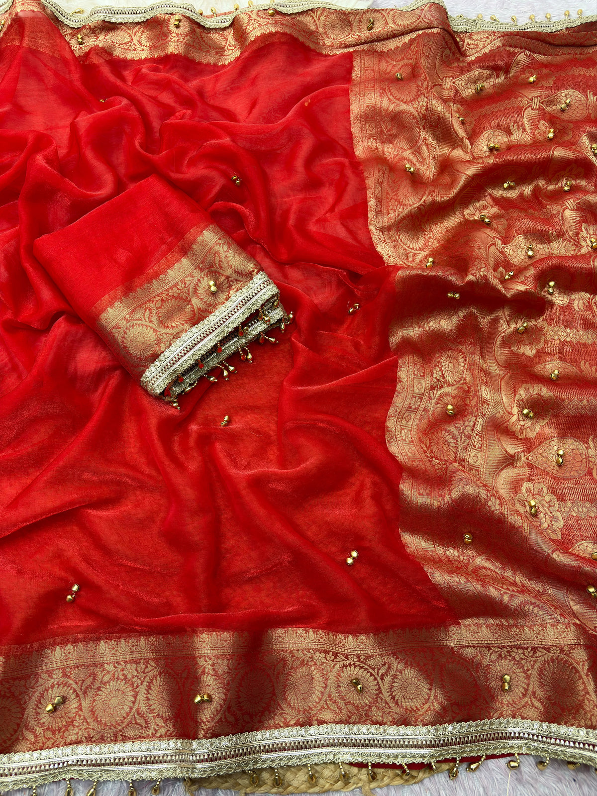 Traditional Red Sattin Chiffon Banarasi Zari Saree with Ghunghru Work