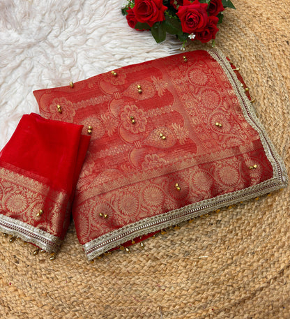 Traditional Red Sattin Chiffon Banarasi Zari Saree with Ghunghru Work