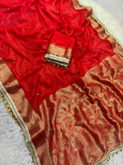 Traditional Red Sattin Chiffon Banarasi Zari Saree with Ghunghru Work