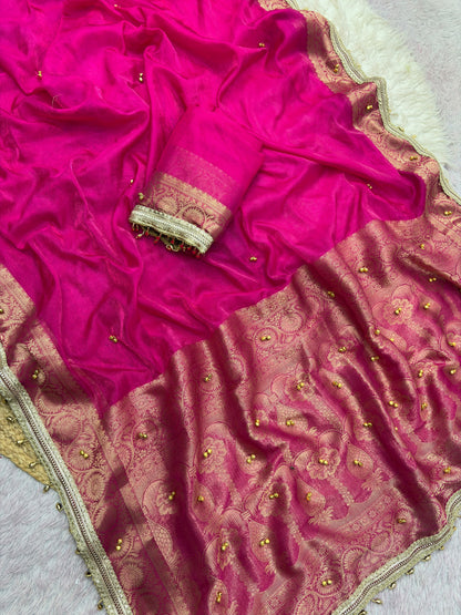 Traditional Rani Pink Sattin Chiffon Banarasi Zari Saree with Ghunghru Work