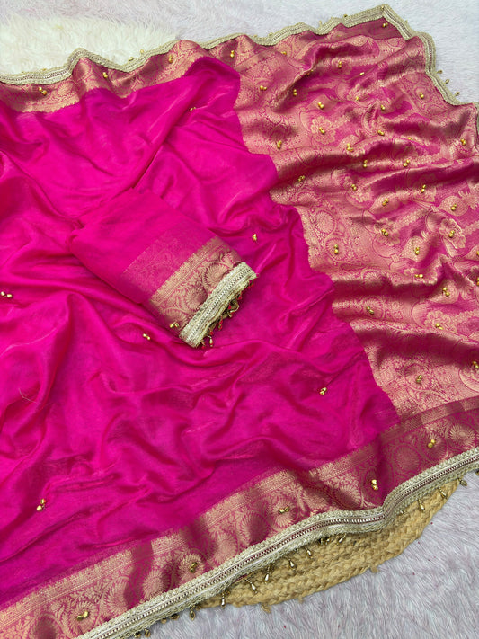 Traditional Rani Pink Sattin Chiffon Banarasi Zari Saree with Ghunghru Work