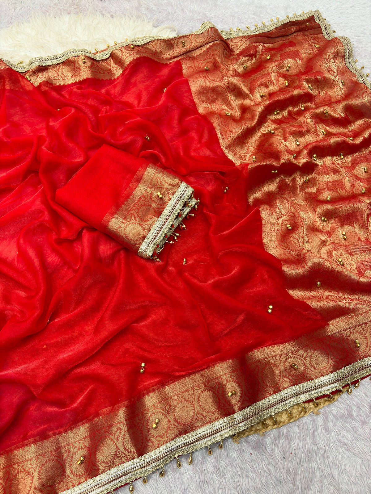 Traditional Red Sattin Chiffon Banarasi Zari Saree with Ghunghru Work