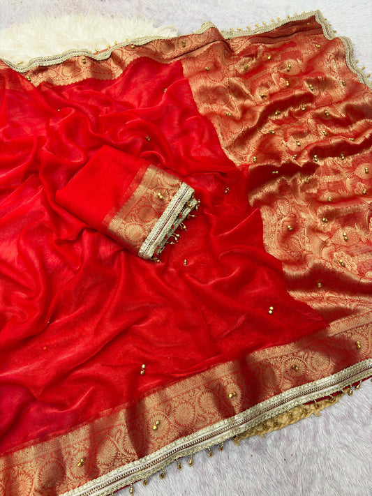 Traditional Red Sattin Chiffon Banarasi Zari Saree with Ghunghru Work